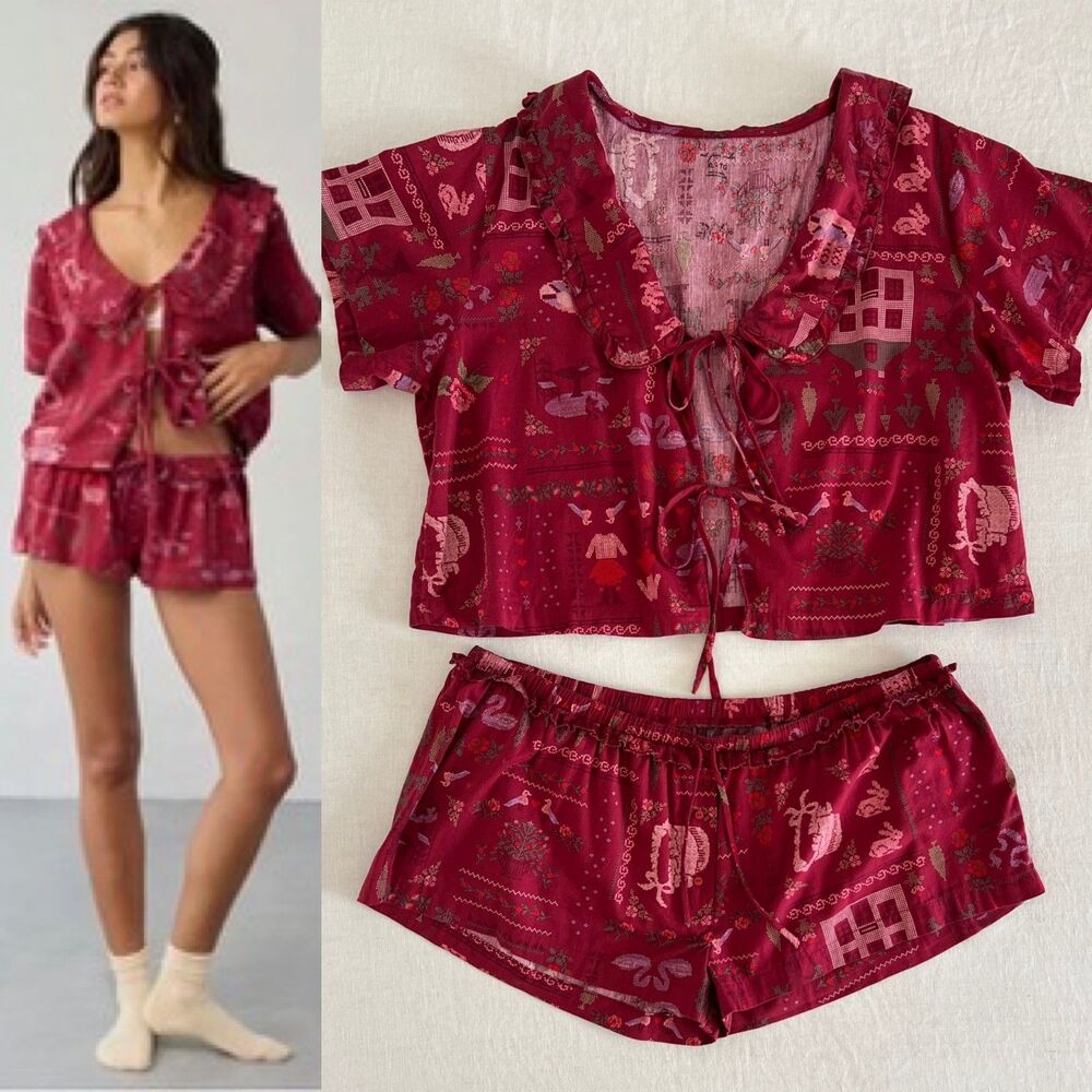 NWT Out From Under Sweet Dreams Tie-Front Top Micro Short PJ Set in Berry Sz XL